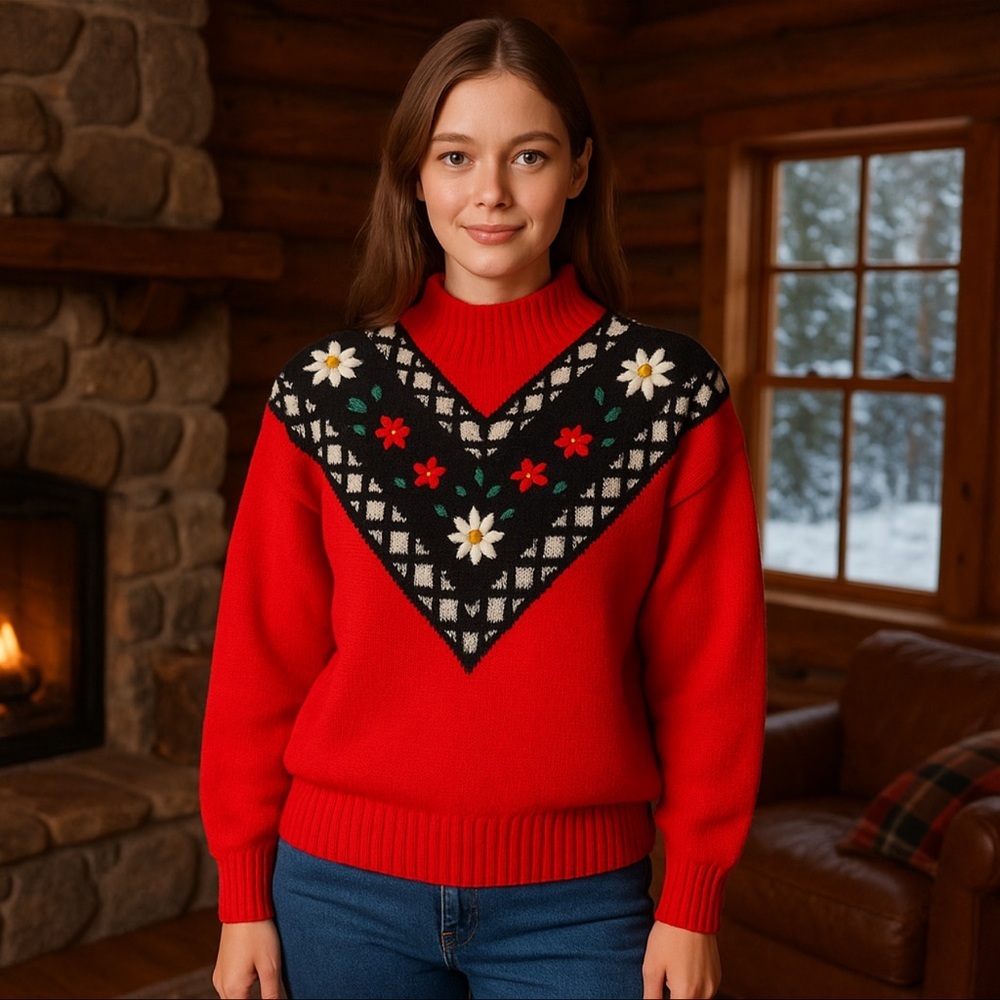 Vintage Honors red floral Nordic knit sweater women’s medium mock neck acrylic - Picture 2 of 6